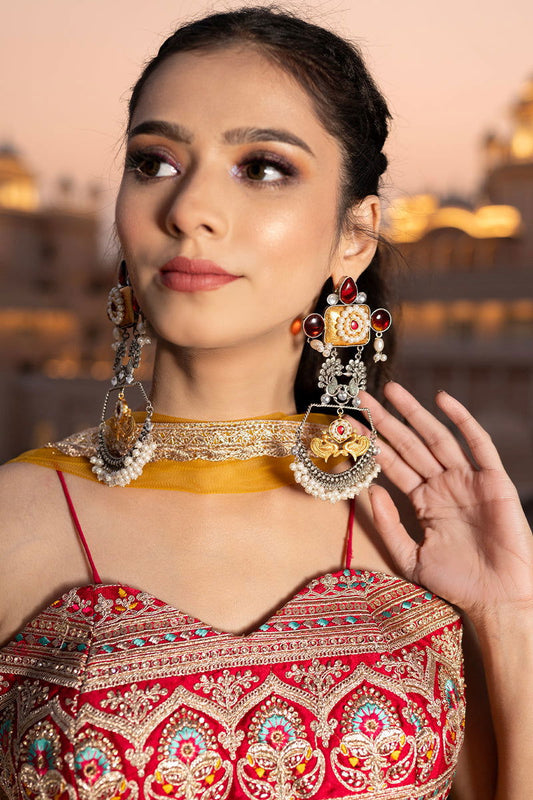 Large Kundan Oxidized Antique Peacock Design Ghungroo Accents Earrings - Mayrake.in