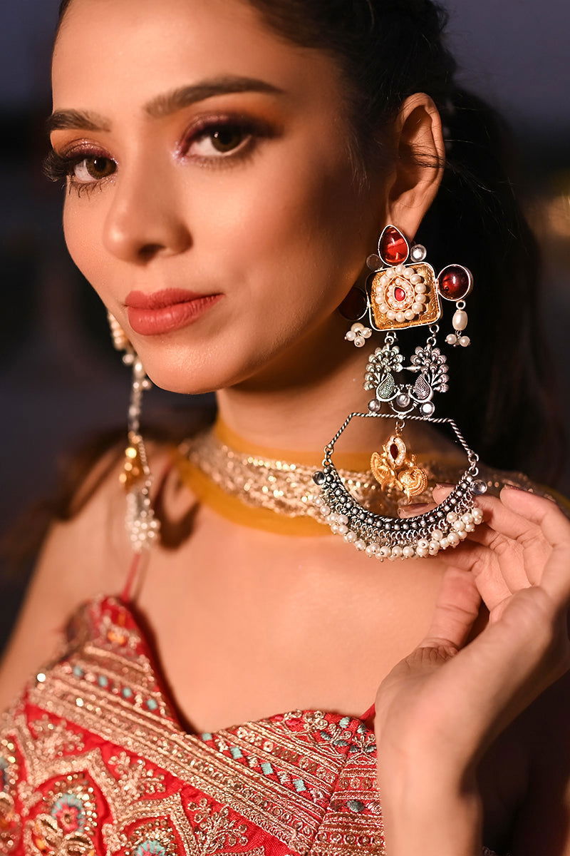 Large Kundan Oxidized Antique Peacock Design Ghungroo Accents Earrings - Mayrake.in