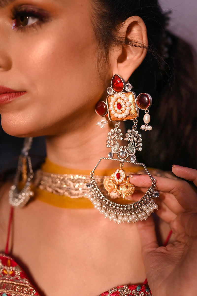 Large Kundan Oxidized Antique Peacock Design Ghungroo Accents Earrings - Mayrake.in