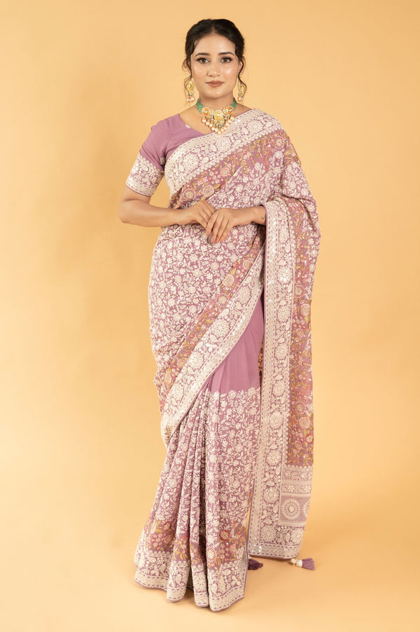 Lavender Purple Lucknowi Georgette Saree with Beautiful Tassels and Zari Work - Mayrake.in