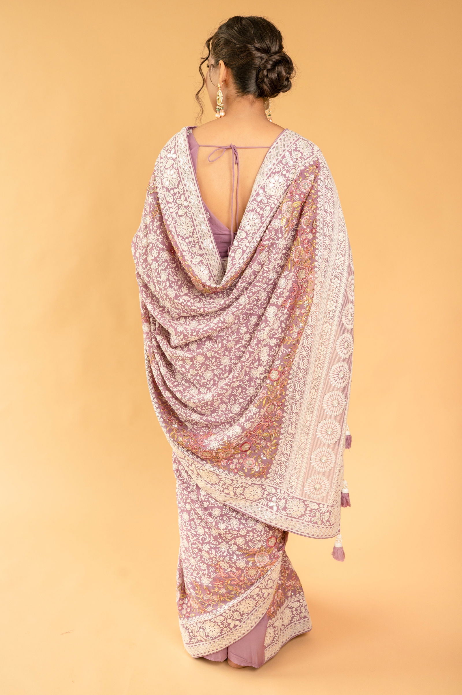 Lavender Purple Lucknowi Georgette Saree with Beautiful Tassels and Zari Work - Mayrake.in