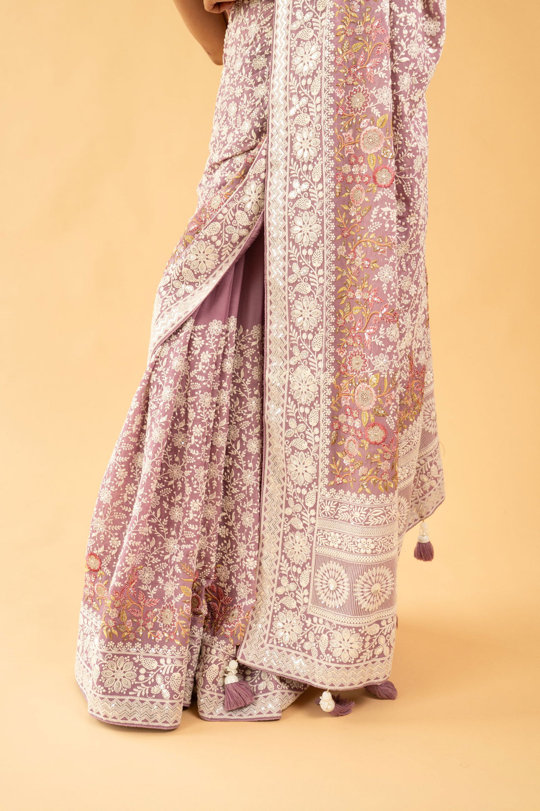 Lavender Purple Lucknowi Georgette Saree with Beautiful Tassels and Zari Work - Mayrake.in