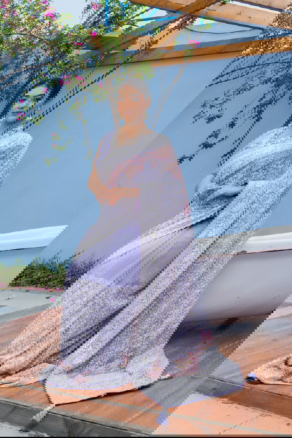 Lavender Purple Lucknowi Georgette Saree with Beautiful Tassels and Zari Work - Mayrake.in