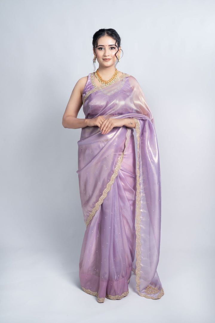 Lavender purple Organza Shimmer saree with pearl and sequin border - Mayrake.in