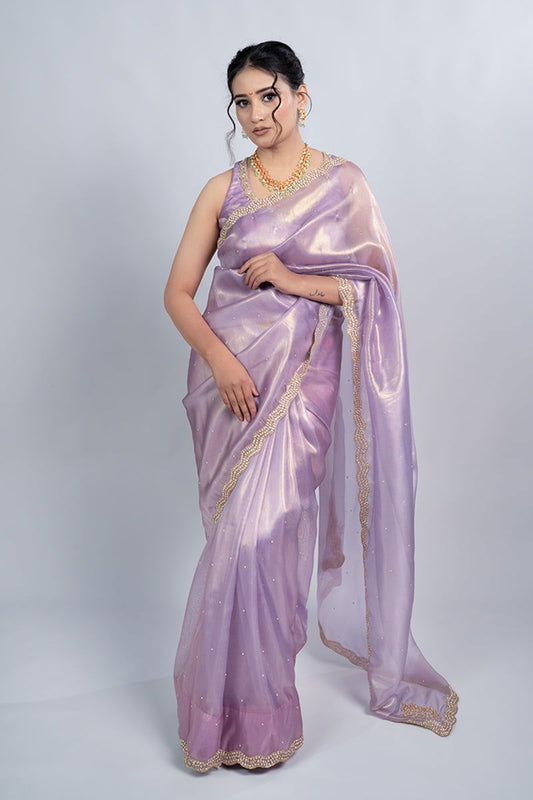 Lavender purple Organza Shimmer saree with pearl and sequin border - Mayrake.in