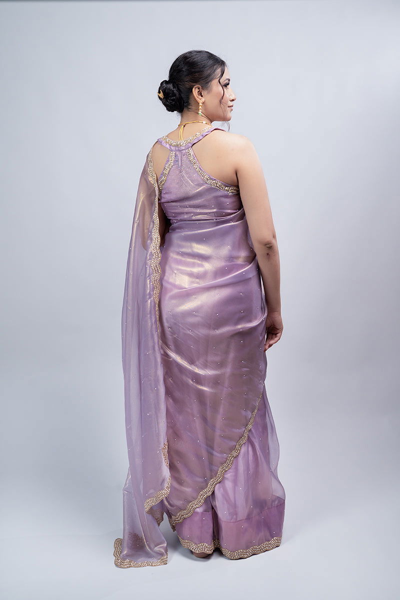 Lavender purple Organza Shimmer saree with pearl and sequin border - Mayrake.in