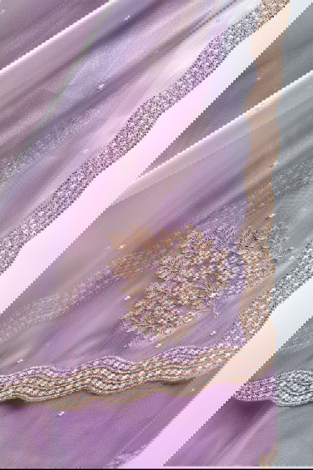 Lavender purple Organza Shimmer saree with pearl and sequin border - Mayrake.in