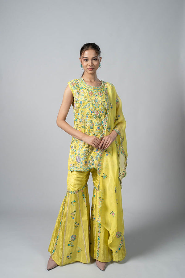 Lemon Green Crepe Garara Set with Pearl Embroidery - Mayrake.in