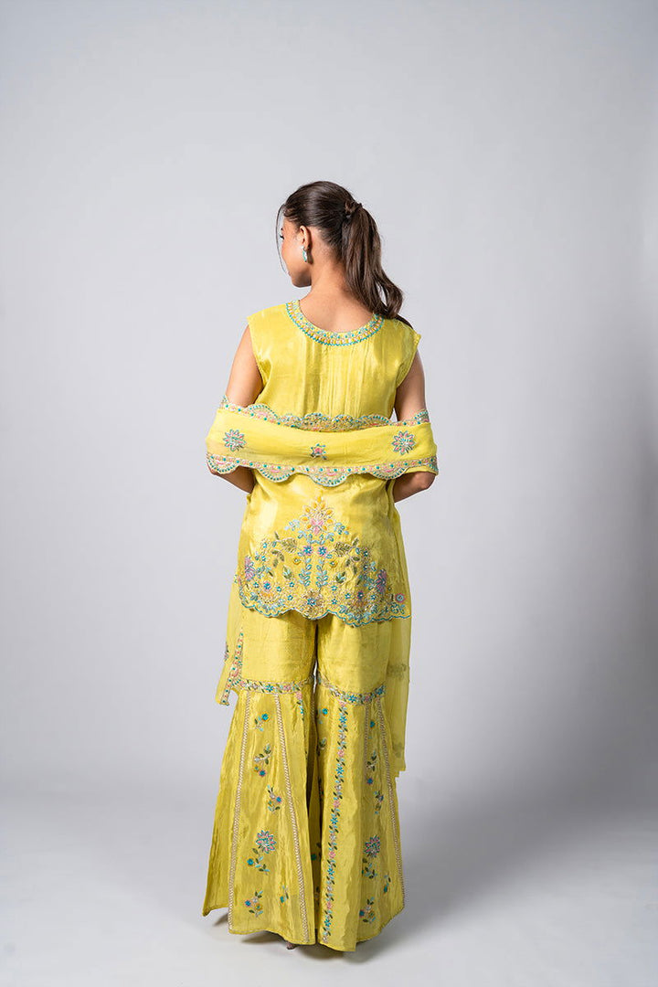 Lemon Green Crepe Garara Set with Pearl Embroidery - Mayrake.in