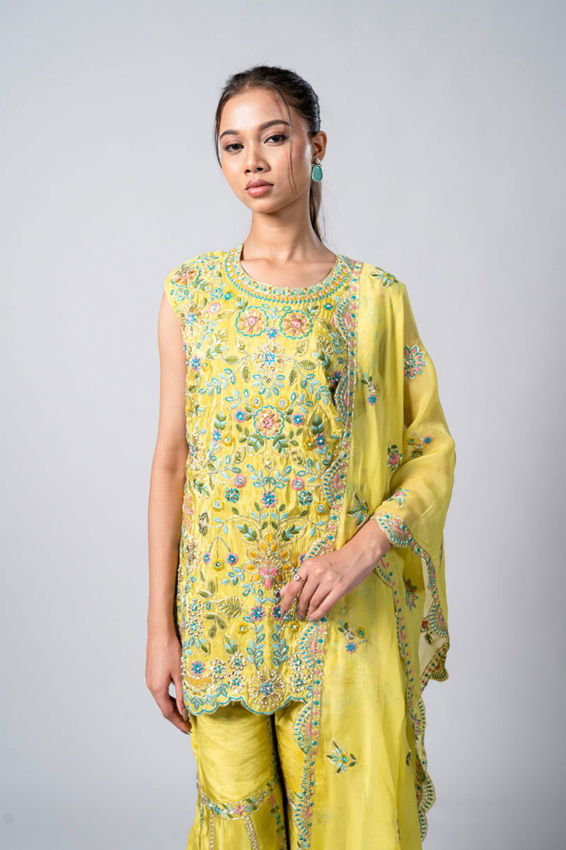 Lemon Green Crepe Garara Set with Pearl Embroidery - Mayrake.in
