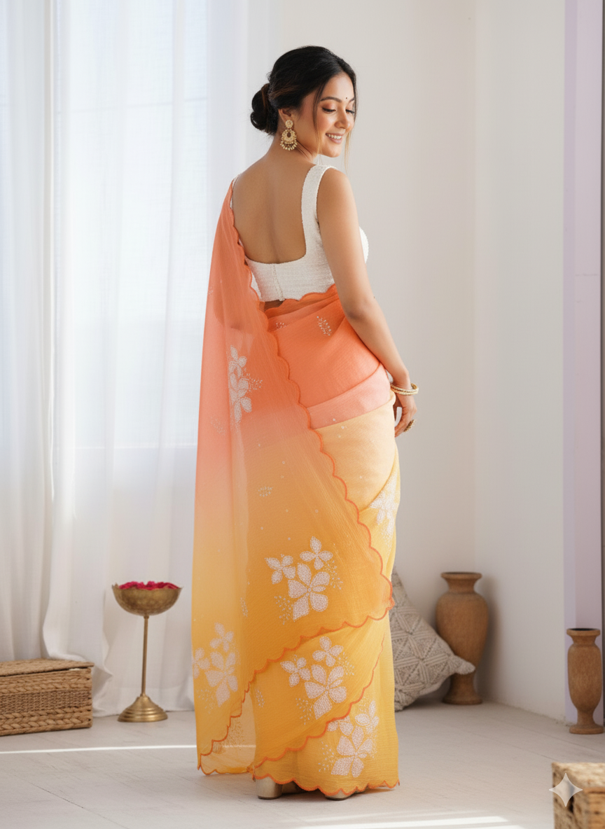 Light Orange Pastel-Shaded Soft Chinon Silk Saree with Sequin Embroidery and Khatli Work Border - Mayrake.in
