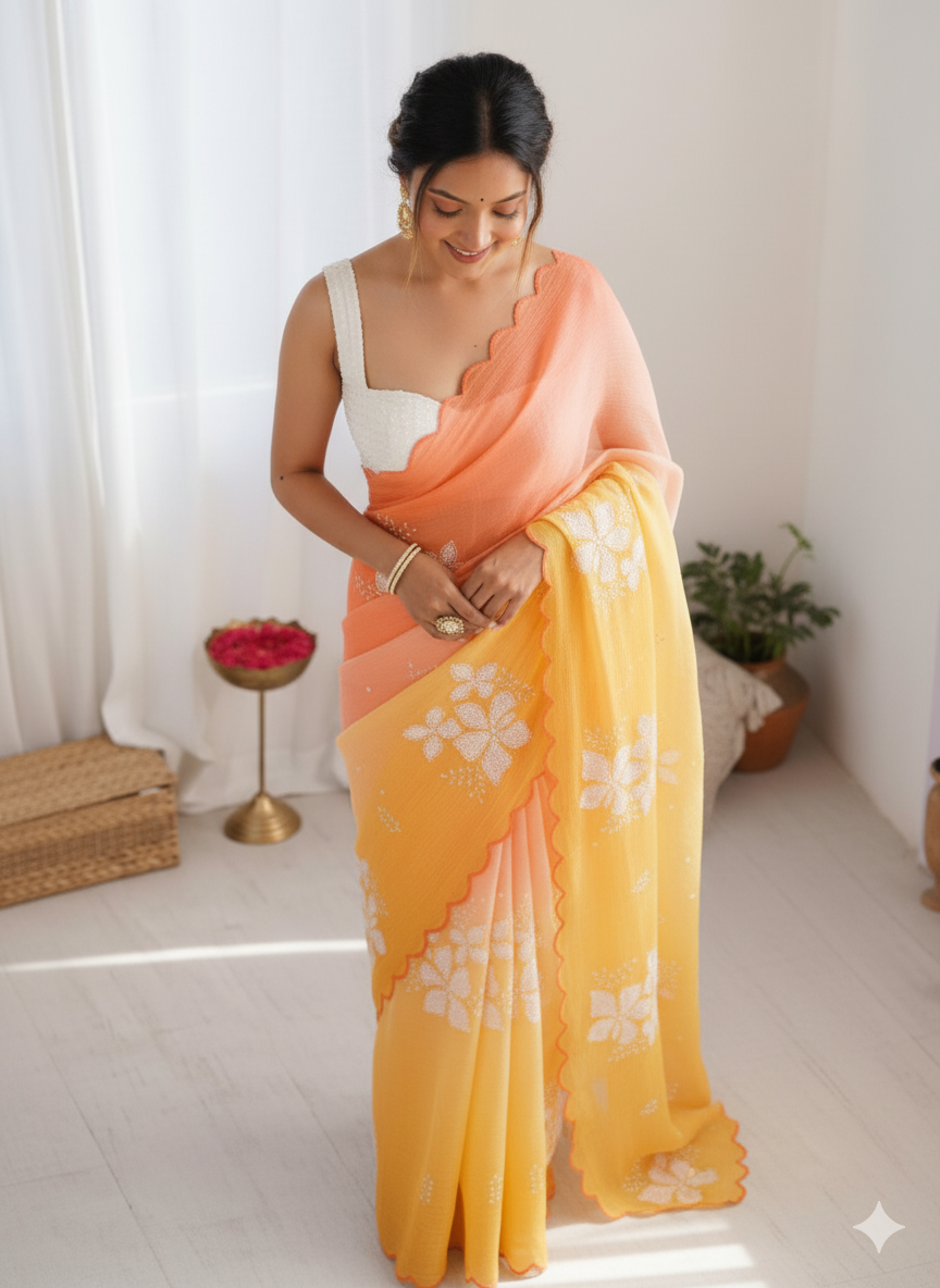 Light Orange Pastel-Shaded Soft Chinon Silk Saree with Sequin Embroidery and Khatli Work Border - Mayrake.in