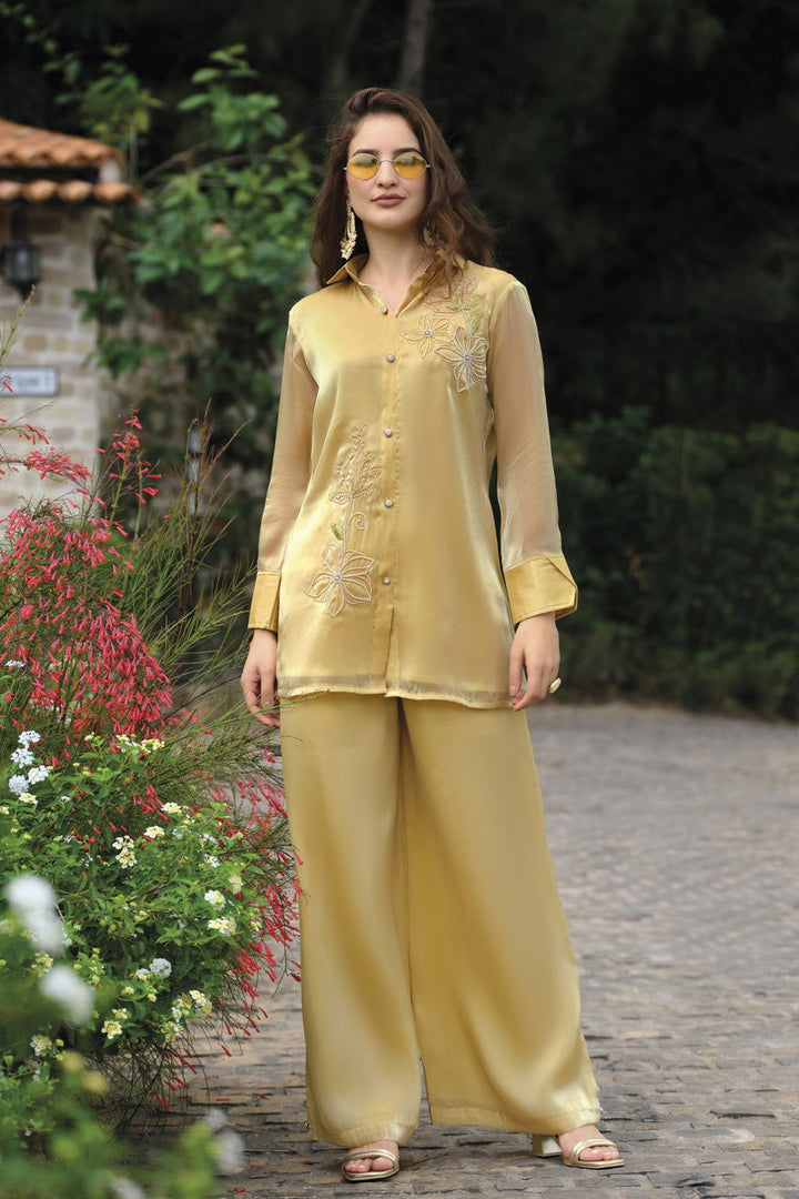 Light Yellow Handwork Viscose Silk Cord-Set Suit with Pant with Pocket - Mayrake.in