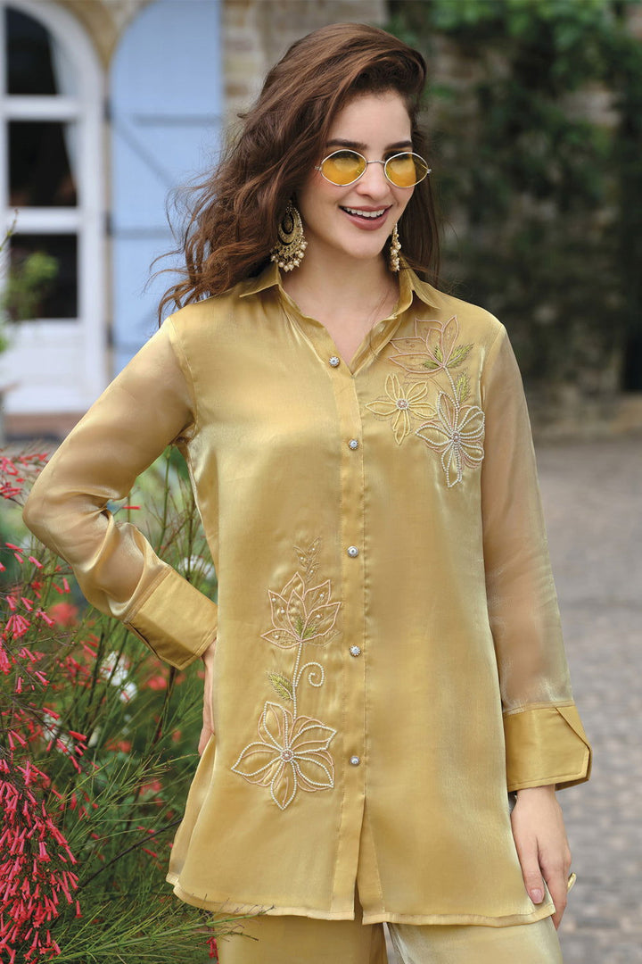 Light Yellow Handwork Viscose Silk Cord-Set Suit with Pant with Pocket - Mayrake.in