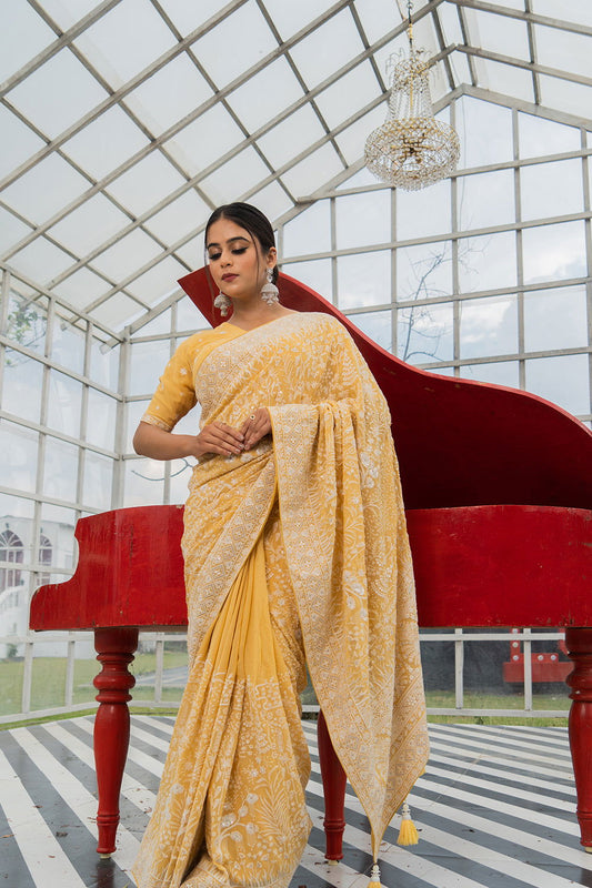 Light Yellow Lucknowi Georgette Saree with Beautiful Tassels and Zari Work - Mayrake.in