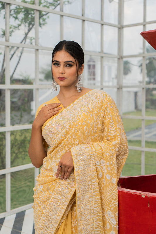 Light Yellow Lucknowi Georgette Saree with Beautiful Tassels and Zari Work - Mayrake.in
