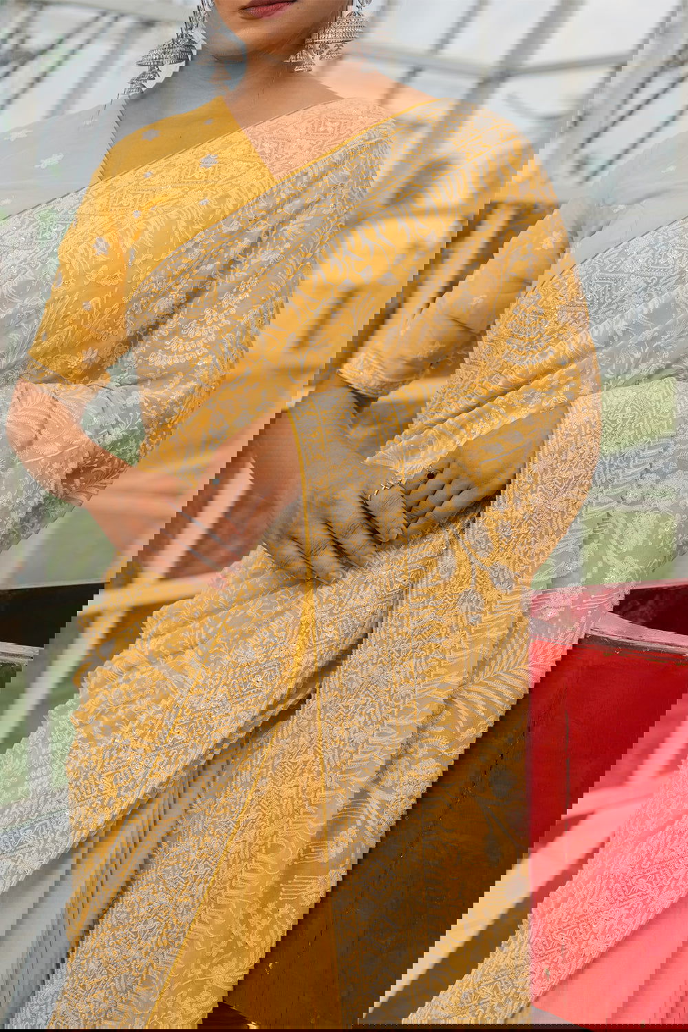 Light Yellow Lucknowi Georgette Saree with Beautiful Tassels and Zari Work - Mayrake.in