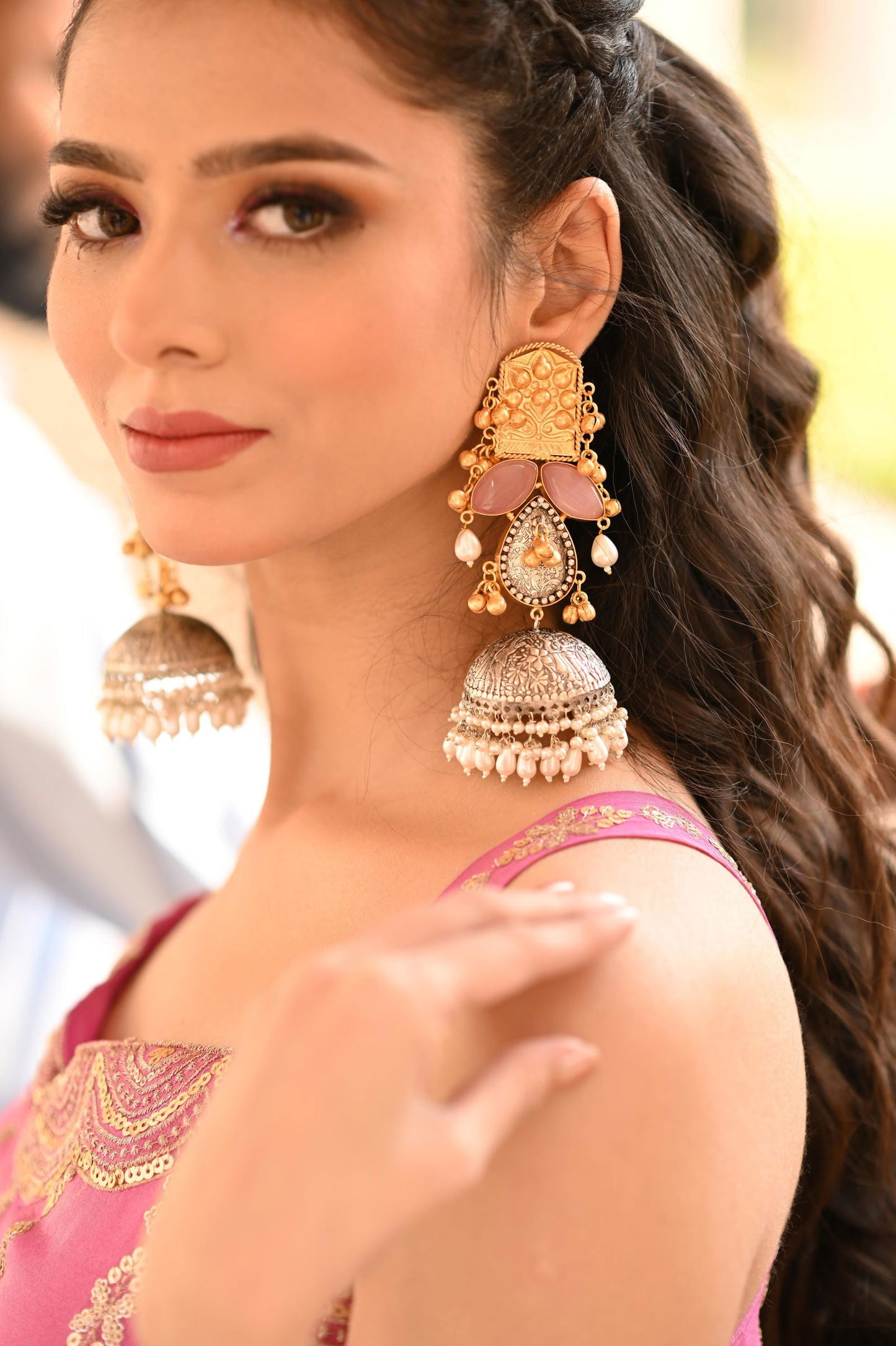 Long Jhumkas Teardrop Pearls Pink Stones Mix Metal Earrings - Mayrake.in