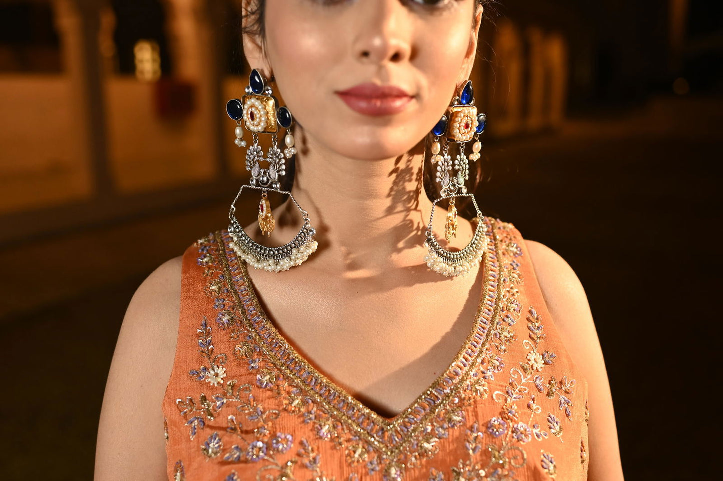 Long Kundan Blue Stones Pearls Peacock Design Earrings - Mayrake.in