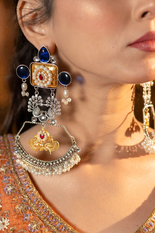 Long Kundan Earrings with Blue Stones, Pearls, and Peacock Design - Mayrake - 