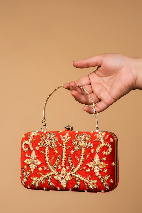 Handwork Red Pearl Zardosi Work Clutch with Handle and Velvet Base