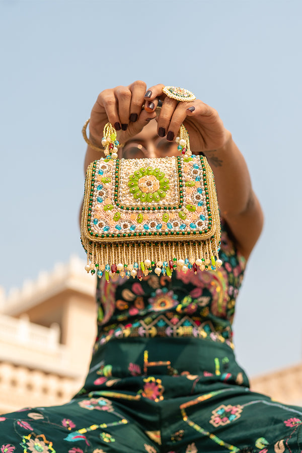 Multicolor Bag with Tassels and Beautiful Handle with Velvet Base