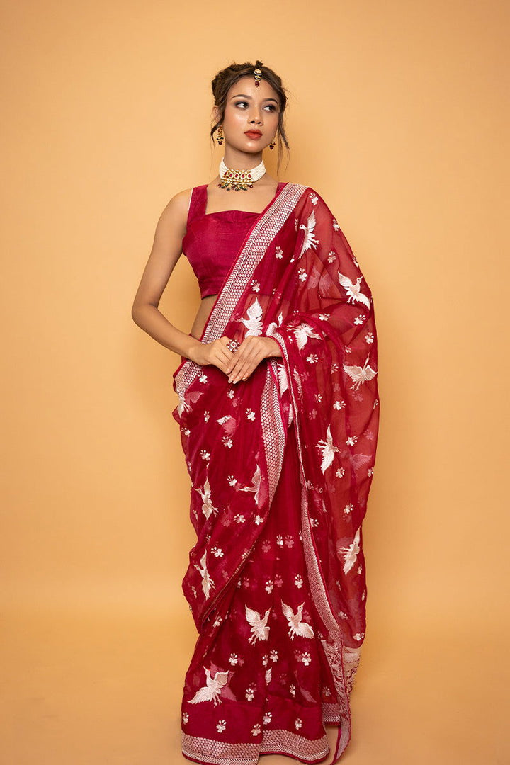 Magenta Organza Saree with Bird Motif Thread Work with Designer Stitched Blouse - Mayrake