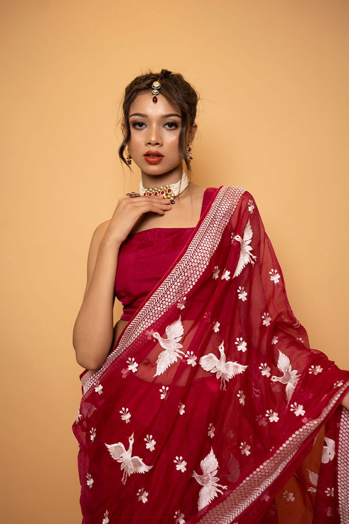 Magenta Organza Saree with Bird Motif Thread Work with Designer Stitched Blouse - Mayrake
