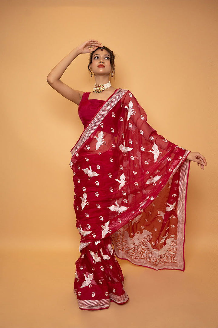 Magenta Organza Saree with Bird Motif Thread Work with Designer Stitched Blouse - Mayrake