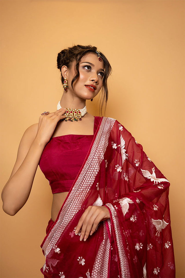 Magenta Organza Saree with Bird Motif Thread Work with Designer Stitched Blouse - Mayrake