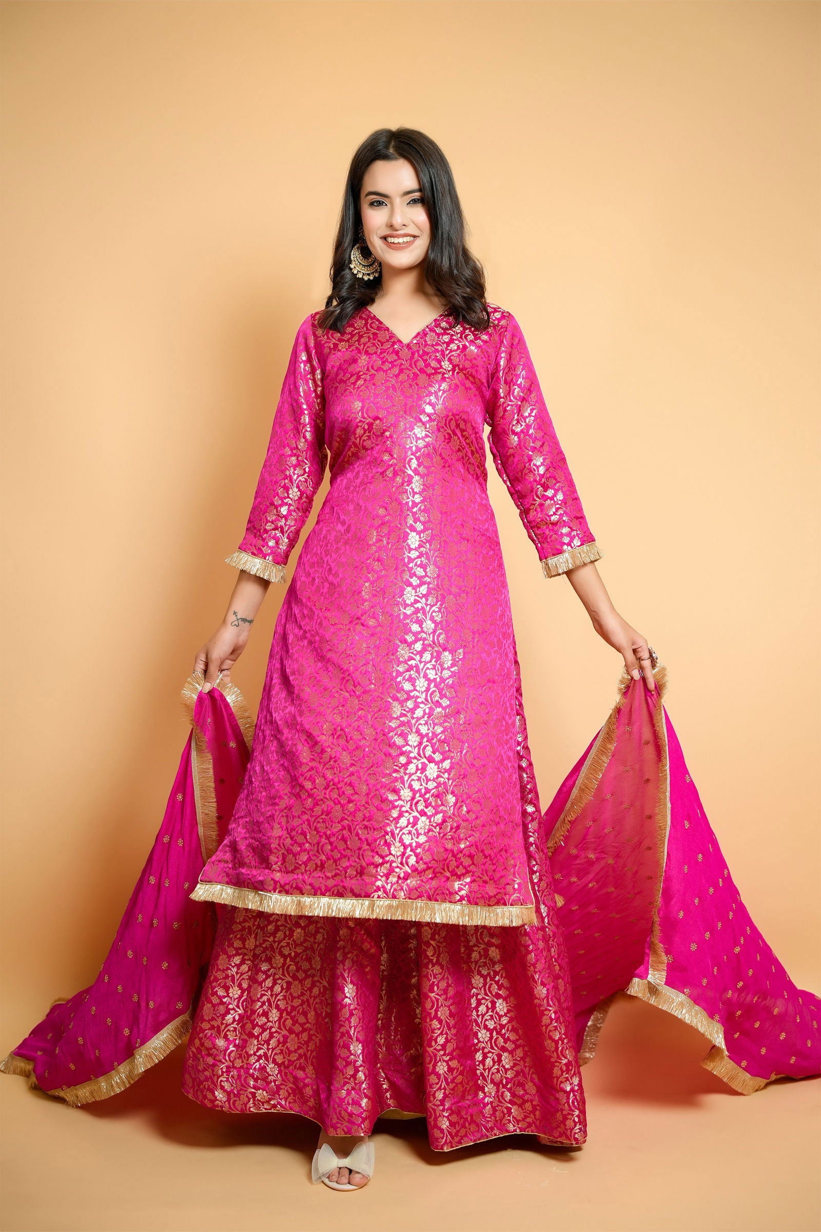 Magenta Pink Brocade Sharara Suit with Georgette Dupatta - Mayrake.in
