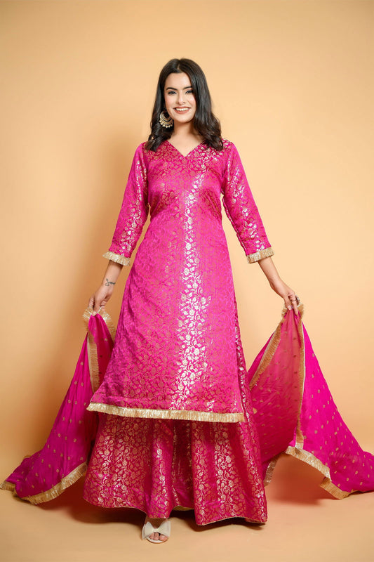 Magenta Pink Brocade Sharara Suit with Georgette Dupatta - Mayrake.in