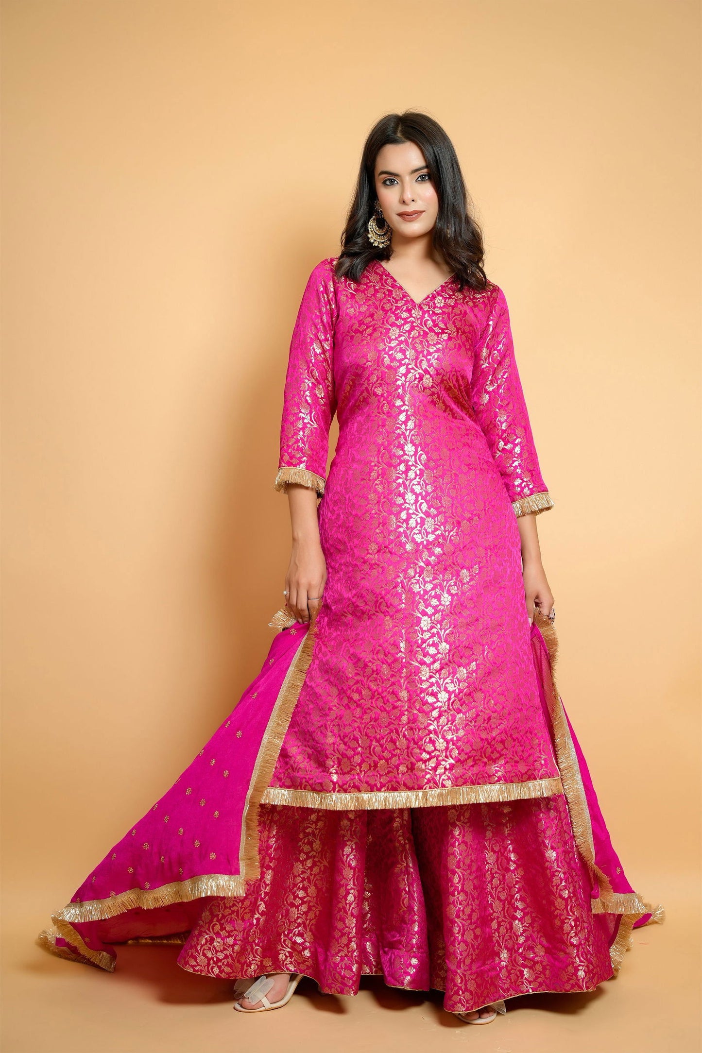 Magenta Pink Brocade Sharara Suit with Georgette Dupatta - Mayrake.in
