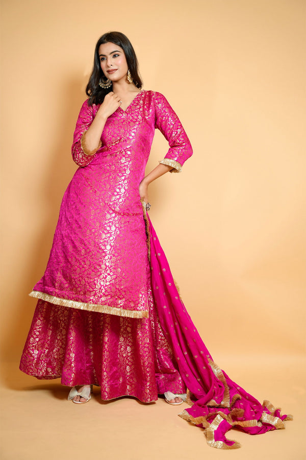 Magenta Pink Brocade Sharara Suit with Golden Frill Lace and Georgette Dupatta - Mayrake