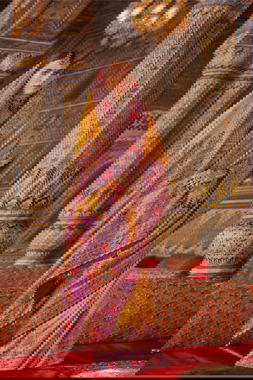 Marigold Yellow Raw Silk Saree with Heritage Prints - Mayrake.in