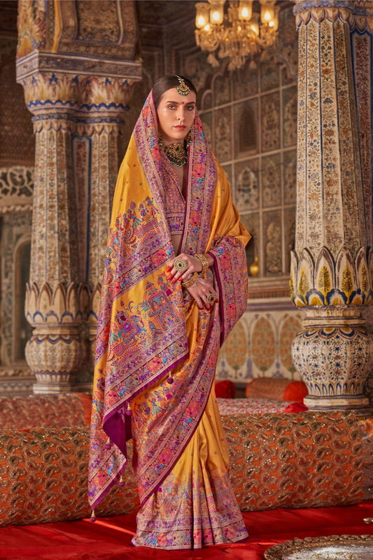 Marigold Yellow Raw Silk Saree with Heritage Prints - Mayrake.in