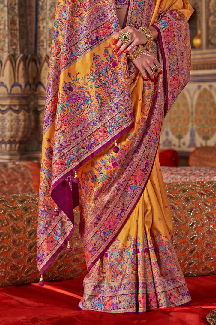 Marigold Yellow Raw Silk Saree with Heritage Prints - Mayrake.in