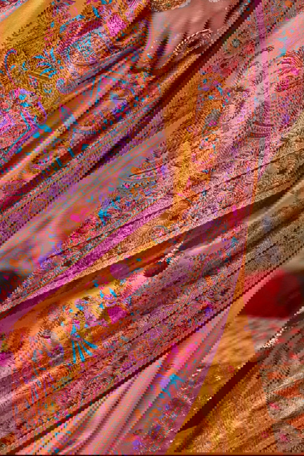 Marigold Yellow Raw Silk Saree with Heritage Prints - Mayrake.in