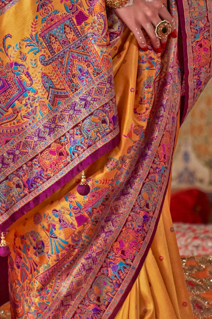 Marigold Yellow Raw Silk Saree with Heritage Prints - Mayrake.in