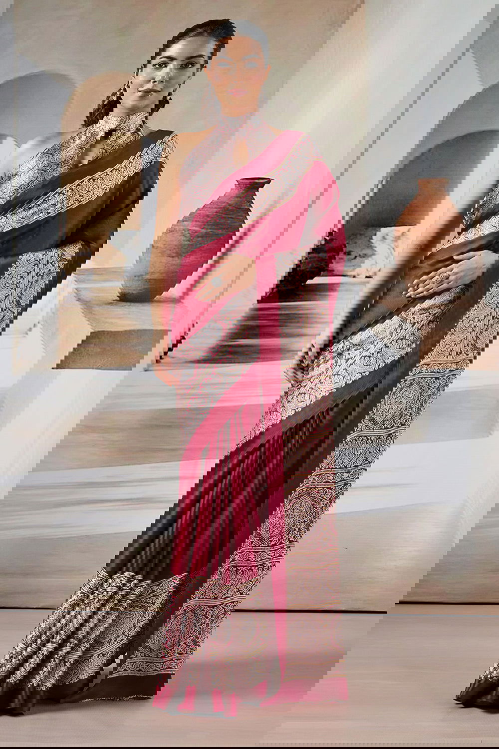 Maroon Pure Satin Modal Silk Saree with Ajrakh Print - Mayrake.in