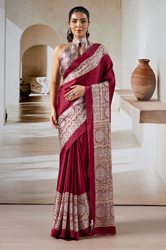 Maroon Pure Satin Modal Silk Saree with Ajrakh Print - Mayrake.in