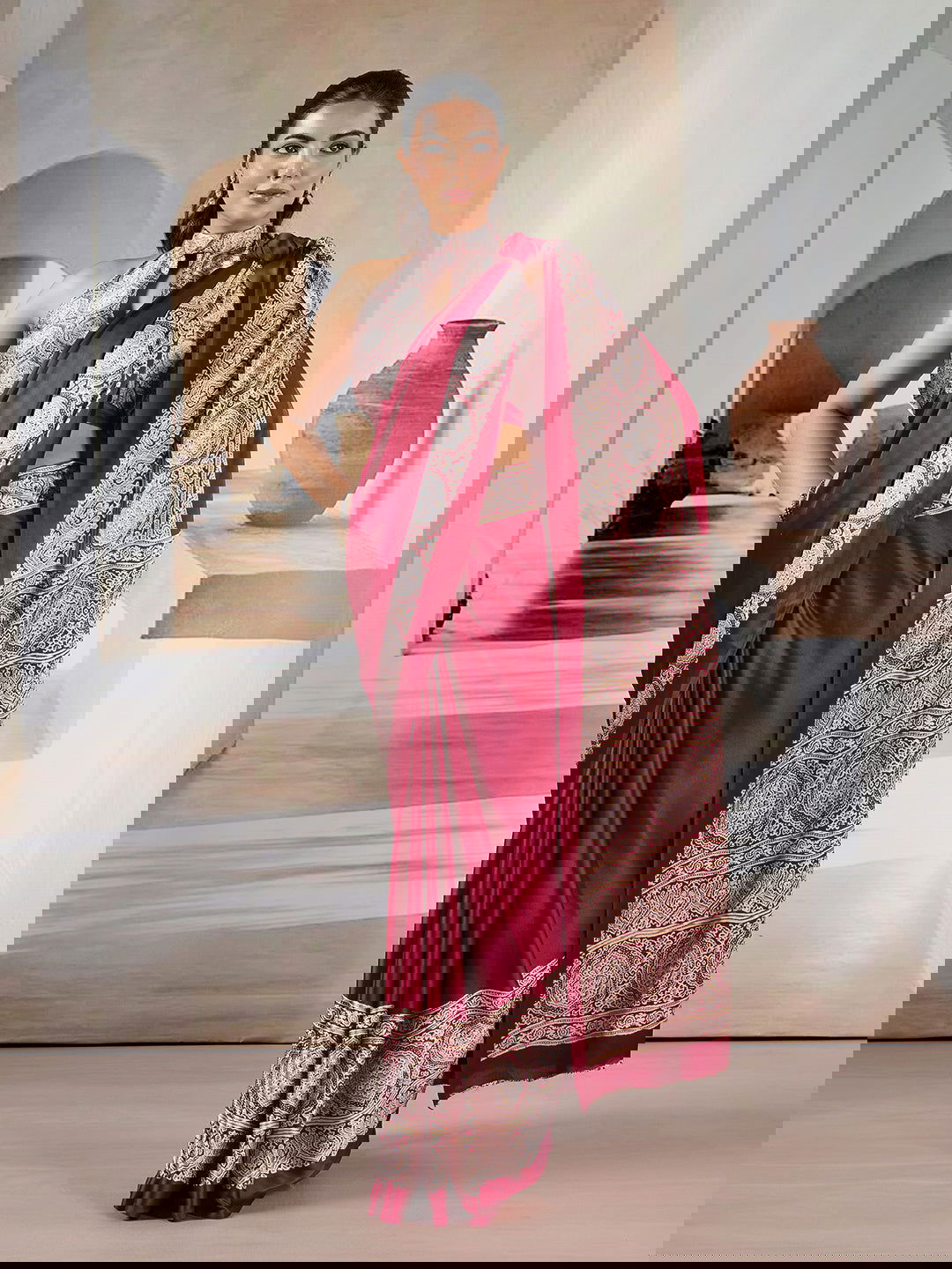 Maroon Pure Satin Modal Silk Saree with Ajrakh Print - Mayrake.in