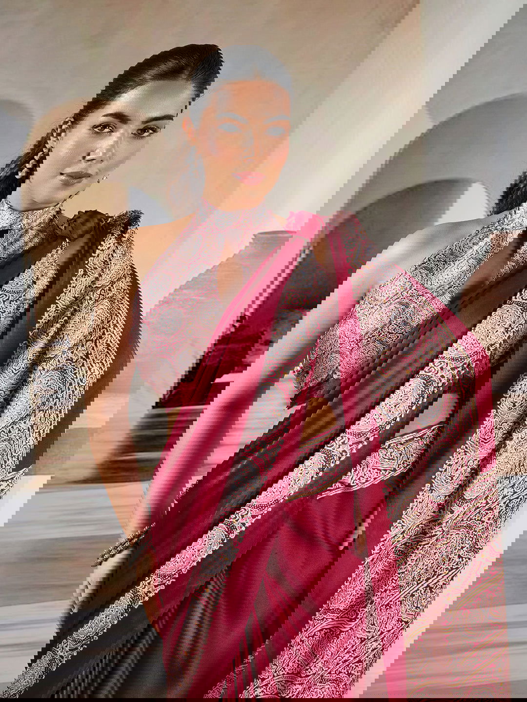 Maroon Pure Satin Modal Silk Saree with Ajrakh Print - Mayrake.in