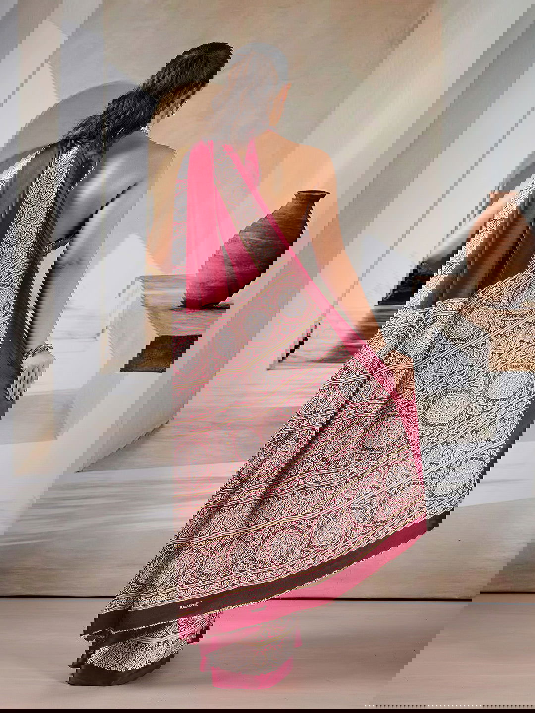 Maroon Pure Satin Modal Silk Saree with Ajrakh Print - Mayrake.in