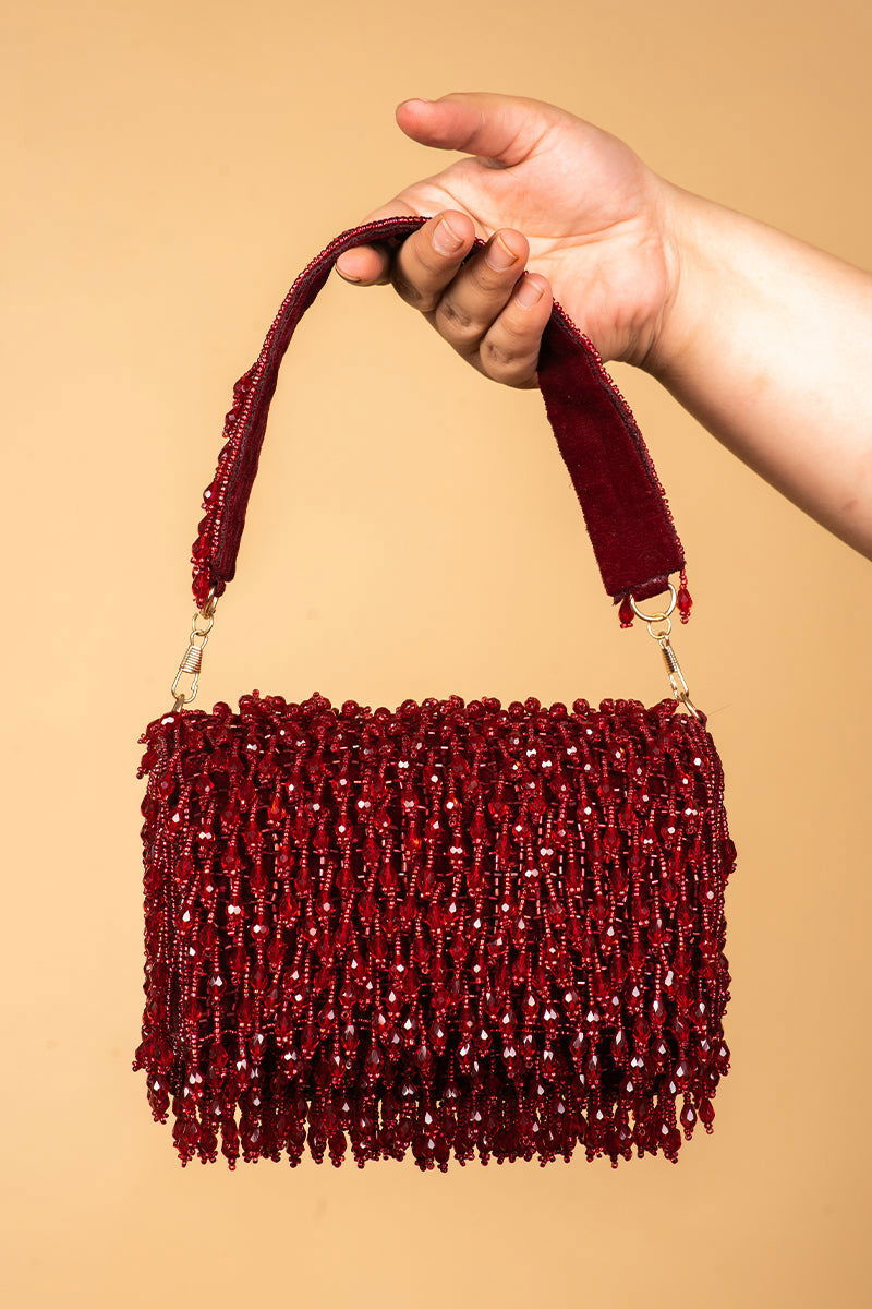 Maroon Red Clutch with Tassels and Beads - Mayrake.in