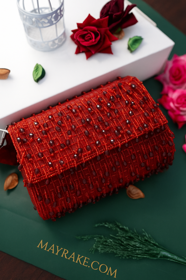 Maroon Red Clutch with Tassels and Beads - Mayrake.in