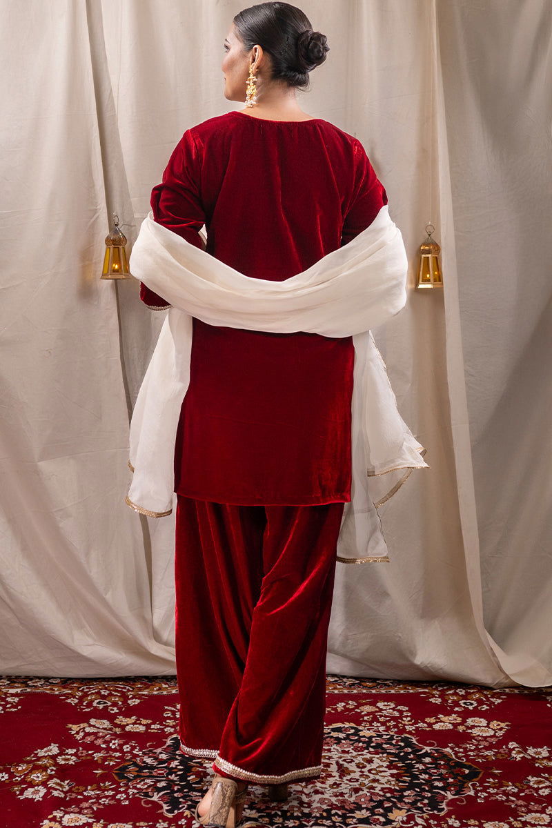 Maroon Velvet Embroidered Palazzo Sets - Mayrake.in