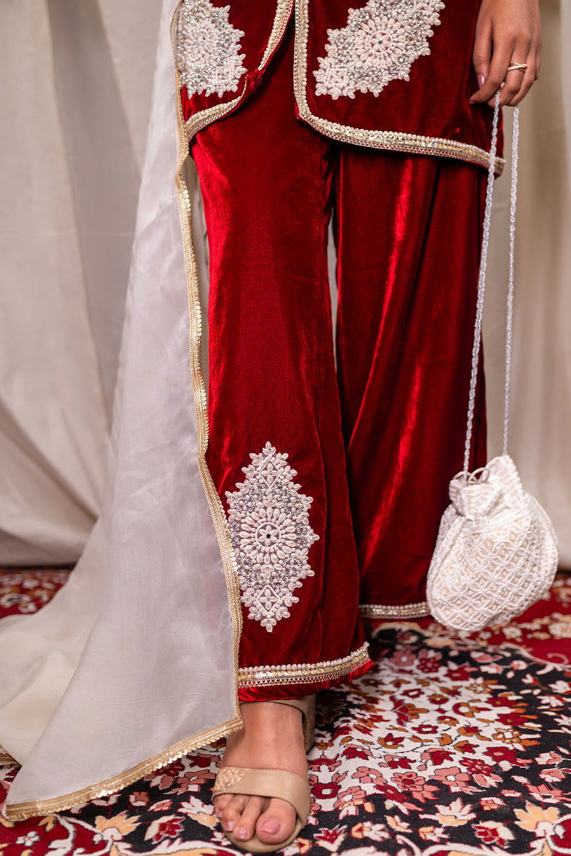 Maroon Velvet Embroidered Palazzo Sets - Mayrake.in