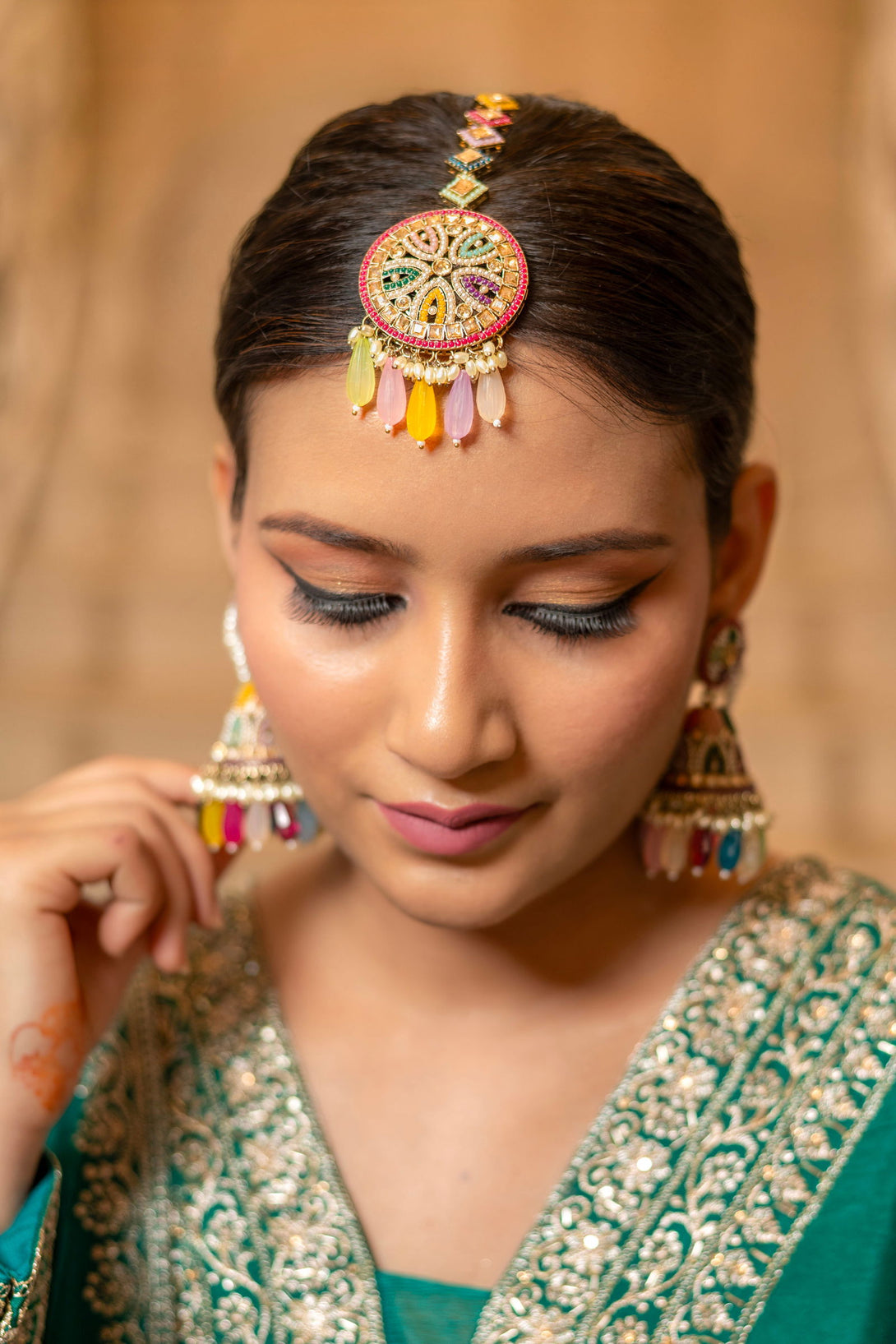 Mayrake Beautiful Jhumka with Back Chain and Maang Tikka - Mayrake.in