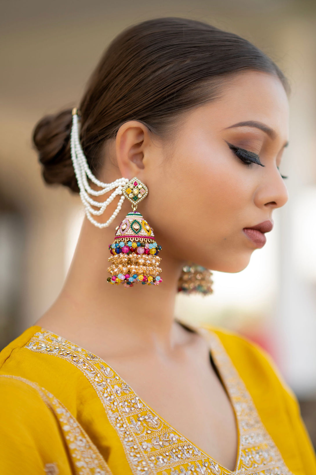 Mayrake Colorful Jhumka Earrings with Attached Back Chain - Mayrake.in
